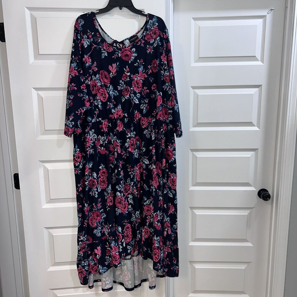 Lane Bryant Navy Floral Highlow Midi Dress Pink Green 3/4 Sleeves Stretch 26/28